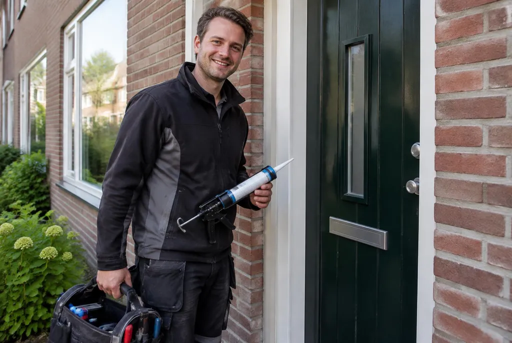 Vakman van Kitbedrijf Noordwijk bij de voordeur van een woning